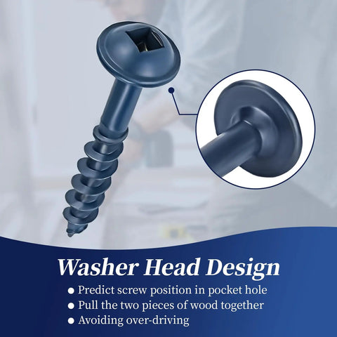 Job Site Ready Pocket Hole Screws One Quarter Inch Number Eight Coarse Thread Washer Head Square Drive for Exterior Deck Building. Close-up of blue washer head screw design.