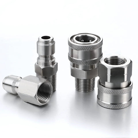 Two stainless steel NPT 3/8 in male/female quick-connect adapters for pressure washers