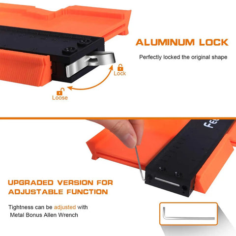 Heavy Duty 12 Plus 5 Inch Contour Gauge With Locking Pins showing aluminum lock mechanism for secure tracing.