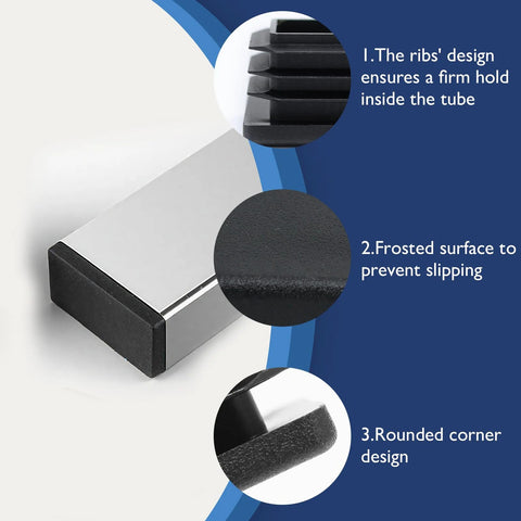 Rectangular Tubing End Caps Four Pack for 2 By 4 Inch Tubes Plastic Black End Plugs showing ribbed and frosted design features.