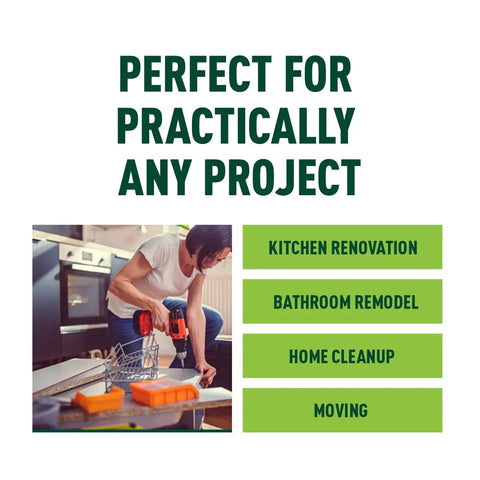 Person using tools at home renovation with text highlighting 3 Cubic Yard Dumpster In A Bag Holds Up To 3,300 Lbs Of Debris Green On Demand Waste Removal For Home Reno And Yard Cleanup Super Budget Friendly And Easy To Use. Highlighted uses include kitchen renovation, bathroom remodel, home cleanup, moving.