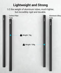 Hella Lightweight 15mm Carbon Fiber Camera Support Rods 12 Inches Pack Of 2 shown against a light background, illustrating weight difference.