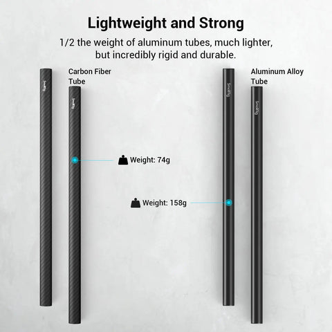 Hella Lightweight 15mm Carbon Fiber Camera Support Rods 12 Inches Pack Of 2 shown against a light background, illustrating weight difference.