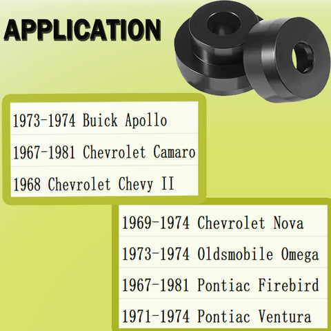 CNC Billet Aluminum Body Mount Bushings Kit For Camaro Nova Chevy II 1967-1981 application list and product image