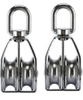 Rock Solid M50 Double Pulley Block Crafted From Top Grade 304 Stainless Steel Featuring A Badass 400Kg Lift Capacity Designed For Rigorous Industrial Milling And Engine Projects 2 Pack, showing two durable steel pulleys.