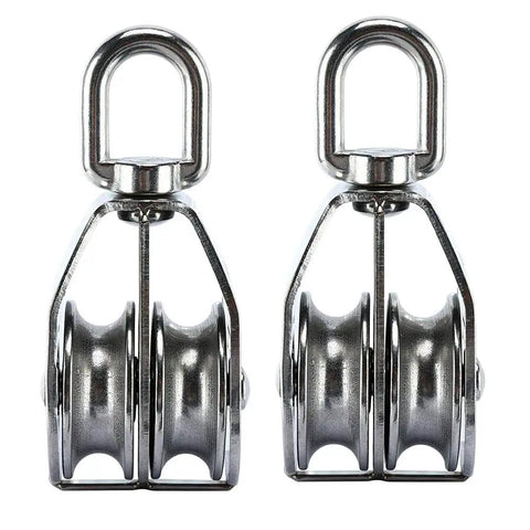 Rock Solid M50 Double Pulley Block Crafted From Top Grade 304 Stainless Steel Featuring A Badass 400Kg Lift Capacity Designed For Rigorous Industrial Milling And Engine Projects 2 Pack, showing two durable steel pulleys.