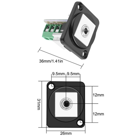Front view of D Type Three Point Five Millimeter Three Pole Stereo Audio Terminal Block Connector Solderless Screw Terminal Panel