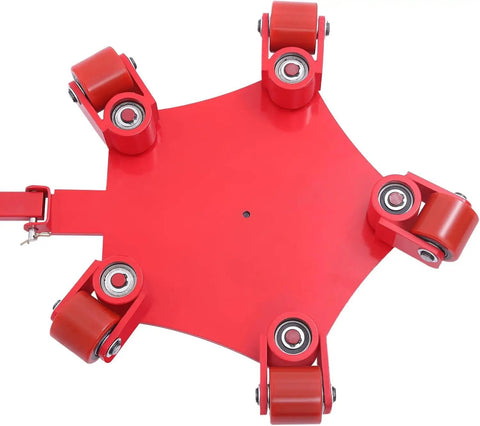 Top view of Heavy Duty Machine Skates Built Like A Tank With Three Swivel PU Rollers For Rock Solid 360 Maneuvers Warehouse Moves That Flow Like Butter Seamless Transportation Up To 4409 Pounds Capacity Red.