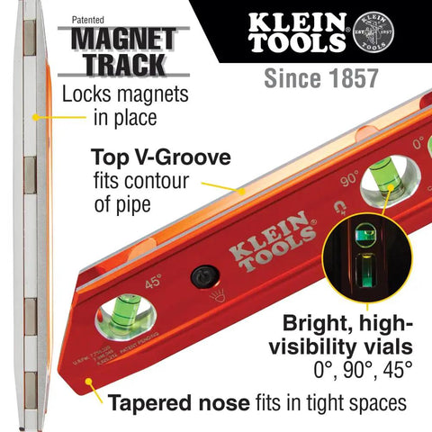 Side view of 9 Inch Lighted Torpedo Level with Bright LED Vials and Powerful Magnetic Track, highlighting V-groove and tapered nose.