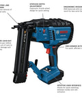 Gutsy 18 Volt Brushless Cordless Brad Nailer Kicks Out 2,000 Nails Per Charge With One Thumb Safety Trigger Zero Hassle Jam Clearance And Built In Dual Lamps For Low Light Jobs No Battery Or Charger Included showing ergonomic design and depth adjustment features.