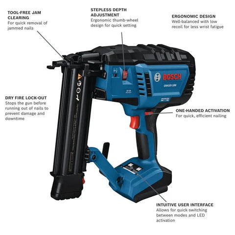 Gutsy 18 Volt Brushless Cordless Brad Nailer Kicks Out 2,000 Nails Per Charge With One Thumb Safety Trigger Zero Hassle Jam Clearance And Built In Dual Lamps For Low Light Jobs No Battery Or Charger Included showing ergonomic design and depth adjustment features.