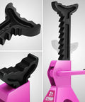 Close-up of pink 2-ton ratchet jack stand part of Beefy Low Profile Hydraulic Floor Jack And Ratchet Jack Stands Set 2 Ton Capacity 11 To 17 Inch Lift Heavy Duty Steel Workhorse Service Jack For Cars SUVs And Light Trucks