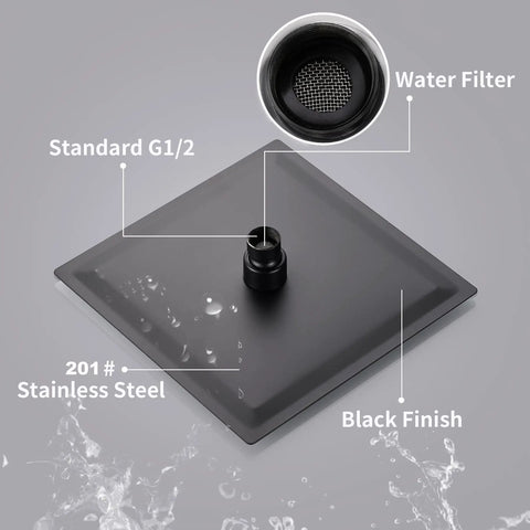 8 Inch Square Rain Shower Head With High Pressure Spray, Stainless Steel Black Finish, Ultra Thin Design, Easy Install