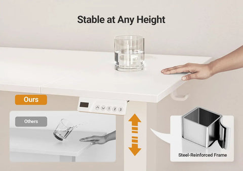 Seang Electric Height Adjustable Standing Desk 48 By 24 Inch Sit Stand Workstation showing stability with glass of water.