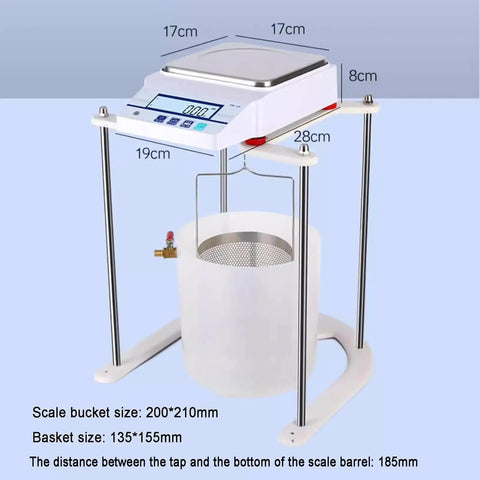 Heavy Duty Electronic Hydrostatic Balance Scale With Crisp Lcd Panel And Sturdy Metal Tray, 5 Kg capacity, showing dimensions and scale bucket.