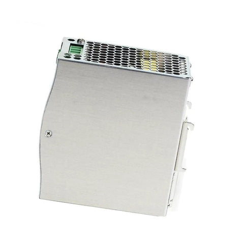 Industrial Din Rail Power Supply 480W 48V Hella Smooth 93% Efficiency Universal Input Reliable Automation And Factory Grade Switching Unit With Plug And Play Operations, stainless steel casing, side view.