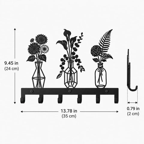 Knockout Premium Decorative Floral Metal Wall Coat Rack Featuring Six Heavy Duty Hooks And Matte Black Finish, 35x24cm, for entryway gear.