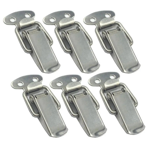 8 Piece Stainless Steel Toggle Hasp Latch Lock Set for Cabinets Boxes Bags and Wooden Chests shown in arrangement