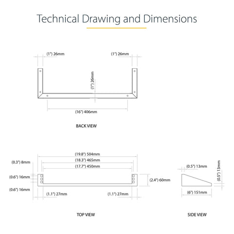 Technical drawing and dimensions of Rock Solid 1U Vertical Wall Mount Patch Panel Rack Bracket Heavy Duty Steel.