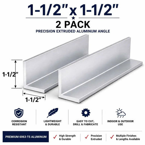 Two Pack 1.5 Inch By 1.5 Inch Aluminum Angle 6063 T5 Built Tough Precision Extruded Architectural Trim For Corner Guards Edge Protection And Sign Frames DIY Fabrication 48 Inch Long Three Sixteenth Inch Thick Made In USA