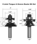 Top Shelf V Joint Tongue And Groove Router Bit Set Two Piece Half Inch Shank carbide tipped dimensions on display