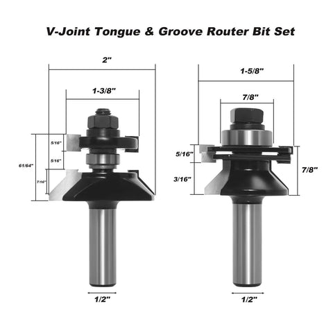 Top Shelf V Joint Tongue And Groove Router Bit Set Two Piece Half Inch Shank carbide tipped dimensions on display