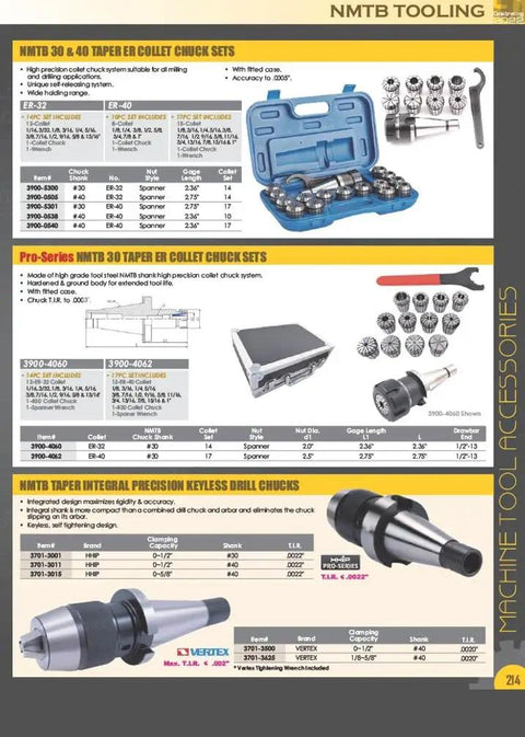NMTB 30 & 40 taper ER collet chuck sets with blue fitted case and precision keyless drill chucks displayed.