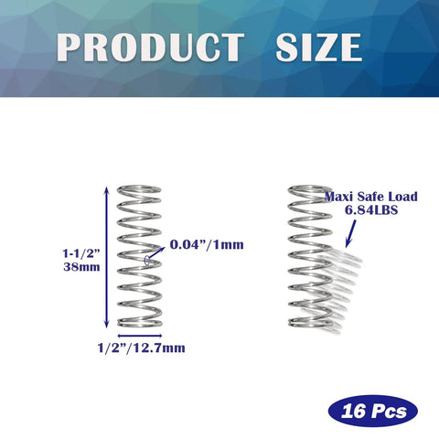 Stainless steel compression springs, 1/2 in dia x 1-1/2 in long, 16 pcs (front and side views)