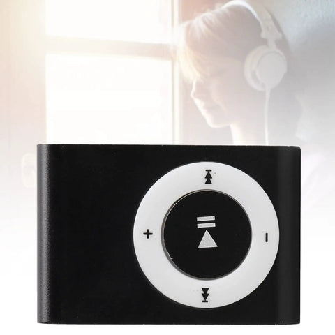 Close-up of black Clip On MP3 Player With USB Cable And Earphones Ultra Lightweight Portable Music Player For Running And Hiking