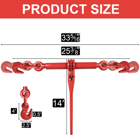 Ratchet Load Binder 5/16 To 3/8 Inch With 2 Grab Hooks, 5400 Lb Load Capacity, size diagram with measurements.