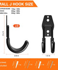 Diagram of Six Pack Heavy Duty Garage Hooks J Shaped Wall Mounted Organizer dimensions and weight capacity details.