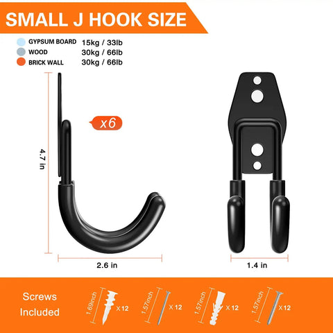 Diagram of Six Pack Heavy Duty Garage Hooks J Shaped Wall Mounted Organizer dimensions and weight capacity details.