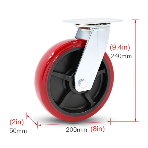 Heavy Duty Swivel Casters With Premium Polyurethane Treads Built Tough For Heavy Loads Rolls Quietly Across Shop Floors - red caster wheel with galvanized steel bracket.