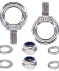 Eight Piece M14 Male Thread Eye Bolt Kit Stainless Steel 304 For Lifting And Rigging Includes Two Eye Bolts Two Lock Nuts Two Lock Washers And Two Flat Washers Perfect For Hoisting Boats Marine And Industrial Use.