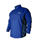 Contoured Flame Resistant Cotton Denim Welding Jacket With Welders Collar, Dual Scribe Pockets, Leather Reinforced Snaps, 9 Oz, Medium, Royal Blue