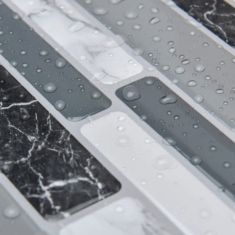 Peel And Stick Kitchen Backsplash Tiles 12x12 Self Adhesive Marble Gray with water droplets showing moisture resistance