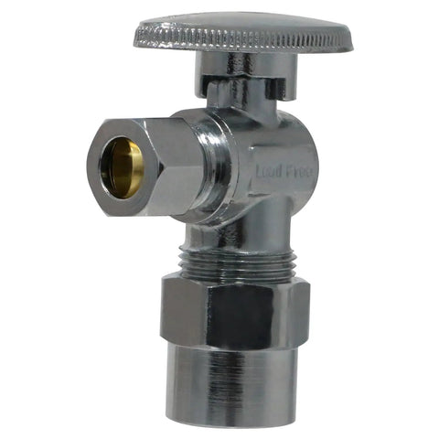 Front view of a Ten Pack of Three Eighths Inch OD To Half Inch CPVC Angle Stop Valves, Brass, One Fourth Turn, compact design, corrosion resistant.