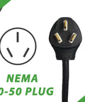 NEMA 10-50 plug image showcasing three-pronged design for Straight Up Heavy Duty Level 2 EV Charger With 40 Amp Mobile Connector And 30 Foot Cord No Drama Plug And Play Slick Design For Tesla Kia Hyundai Quick Juice Run.