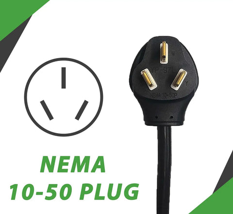 NEMA 10-50 plug image showcasing three-pronged design for Straight Up Heavy Duty Level 2 EV Charger With 40 Amp Mobile Connector And 30 Foot Cord No Drama Plug And Play Slick Design For Tesla Kia Hyundai Quick Juice Run.