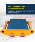 Super Heavy Duty Machinery Moving Skates 6 Ton Capacity With Non Slip Pu Rollers For Industrial Equipment And Machine Transport, close-up of rubber pad and orange frame.