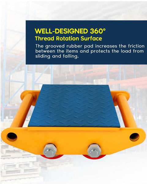 Super Heavy Duty Machinery Moving Skates 6 Ton Capacity With Non Slip Pu Rollers For Industrial Equipment And Machine Transport, close-up of rubber pad and orange frame.