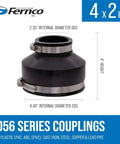 Reducing 4-Inch To 2-Inch Flexible PVC Pipe Coupling For Cast Iron And Plastic Plumbing Connections in black with measurements