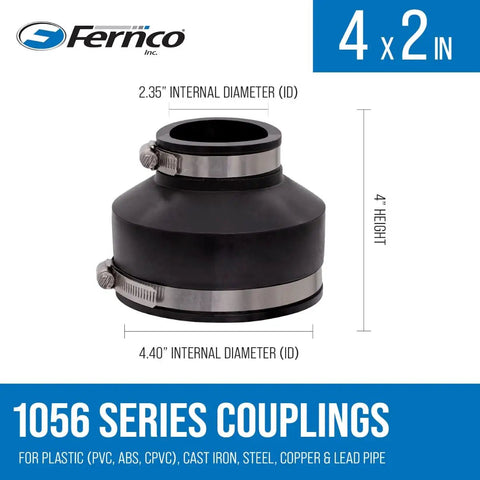 Reducing 4-Inch To 2-Inch Flexible PVC Pipe Coupling For Cast Iron And Plastic Plumbing Connections in black with measurements