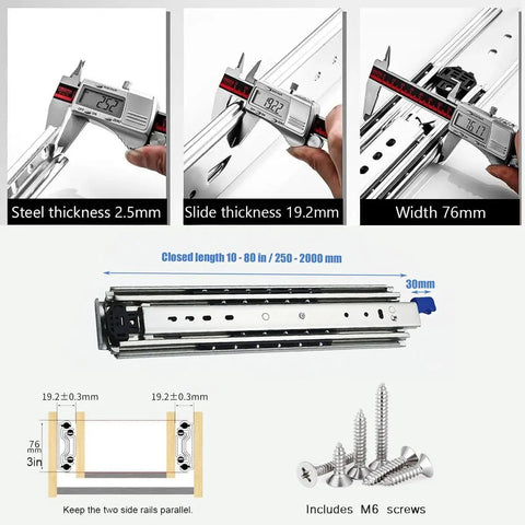 Heavy Duty Stainless Steel 2000mm Full Extension Drawer Slides With Secure Locking Mechanism Slick Glide Motion measurements and installation details.