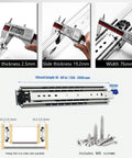 Heavy Duty Stainless Steel Drawer Slides With Reliable Locking Mechanism And 220Kg Weight Limit Full Extension Cabinet Rails, dimensions shown.