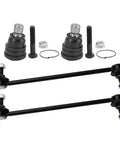 Front Suspension Kit With 2 Front Lower Ball Joints And 2 Sway Bar Links For Ford Fiesta 2011 2018 And Mazda 2 2011 2014 Replacement Parts Built To Fit Right, Easy Install, Durable OE Quality Ride Upgrade. Four black steel suspension links and ball joints on white background