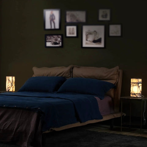 Bedroom with Real Marble Hexagon Table Lamp With Tri Color Dimmable LED on bedside tables, European marble finish, warm lighting ambiance