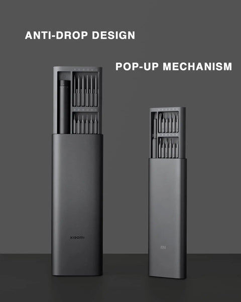 Pro Grade Electric Precision Screwdriver With All Metal Gearbox And Magnetic Motor Type C Charging 24 S2 Steel Bits 9 Bit Types 60HRC Hardness Rechargeable Lithium Battery Aluminum Alloy Case Grey, showcasing anti-drop design and pop-up mechanism.