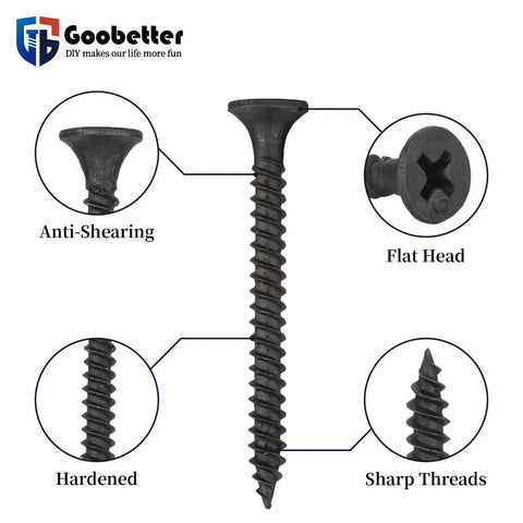 Heavy Duty Six By One Five Eighth Drywall Screws And Wood Fasteners Featuring Top Shelf Anti Rust Coating 1022A Carbon Steel detailed view showing flat head, sharp threads, and anti-shearing design.