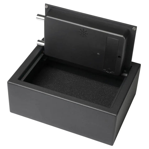 Slick Hidden Drawer Safe With Electronic Lock And Backup Key For Desk Or Nightstand Built Tough From Solid Steel Construction showing interior with foam padding.